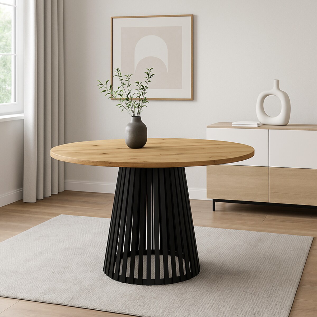 Stół okrągły VIV z lamelami do jadalni , salonu, blat 110 cm - dąb artisan