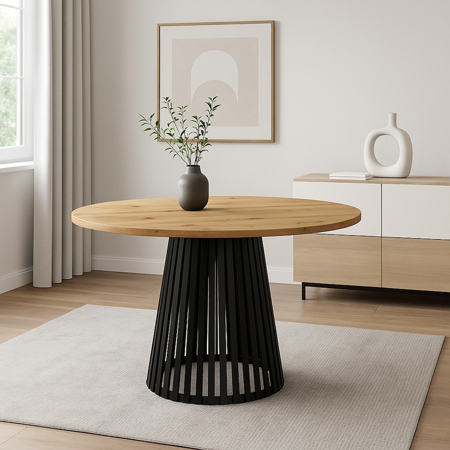 Stół okrągły VIV z lamelami do jadalni , salonu, blat 110 cm - dąb artisan