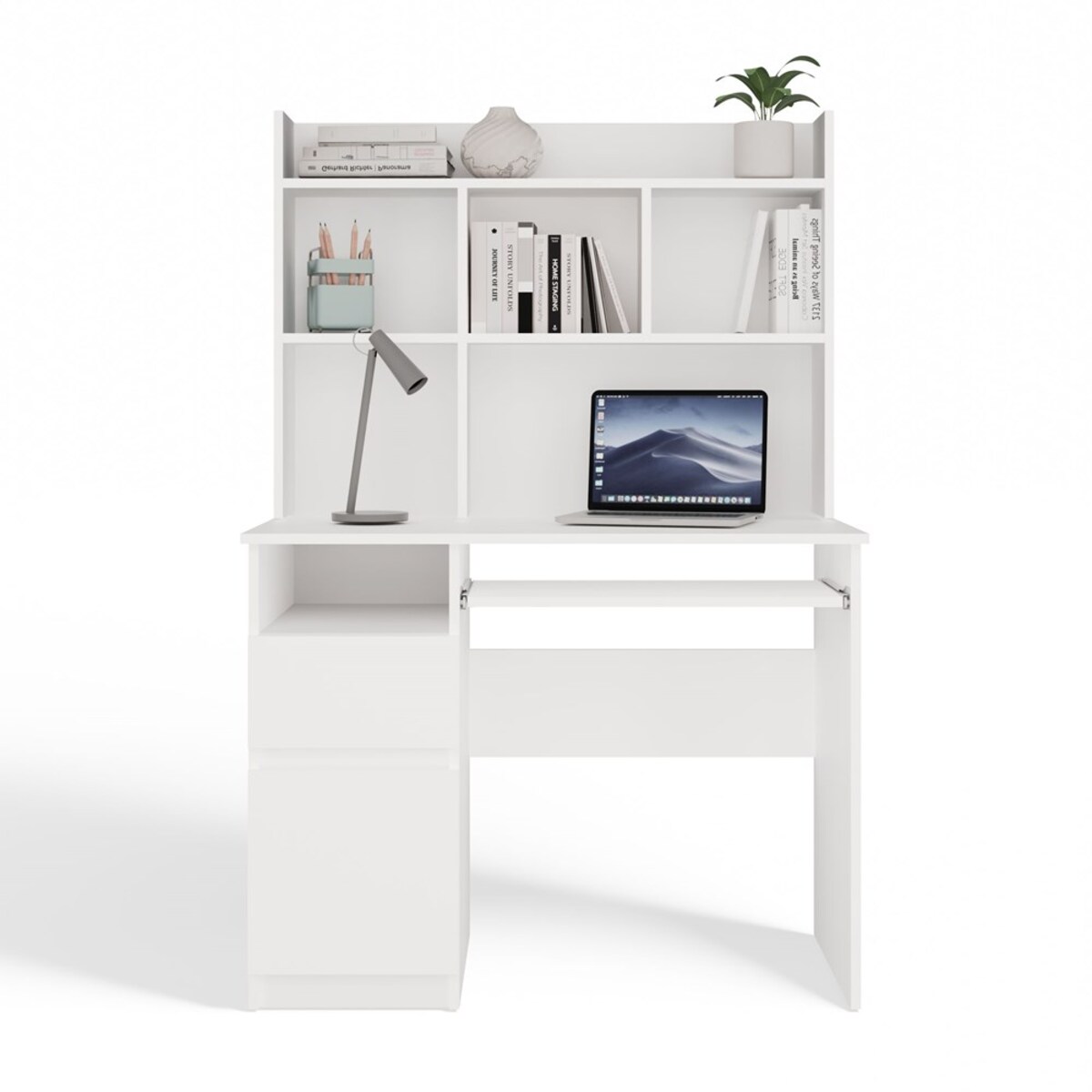 Biurko Porto Lewe Z Nadstawką Biel Mat Szuflada Półki Do Biura Pokoju
