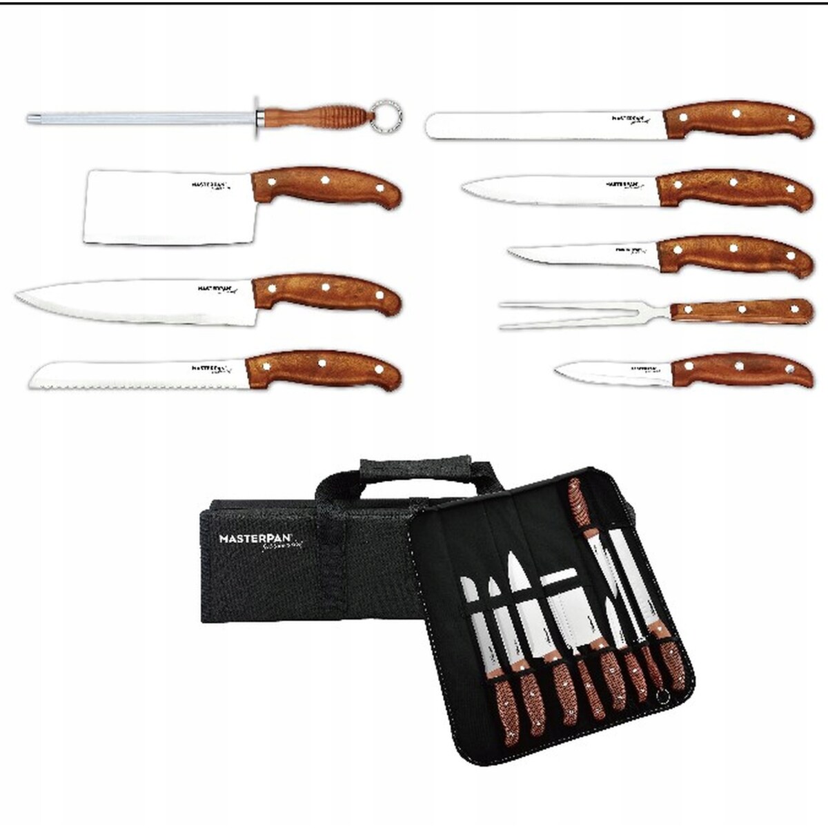 Zestaw Komplet Noży Kuchennych Torba Etui 9 El. Ostrzałka Widelec