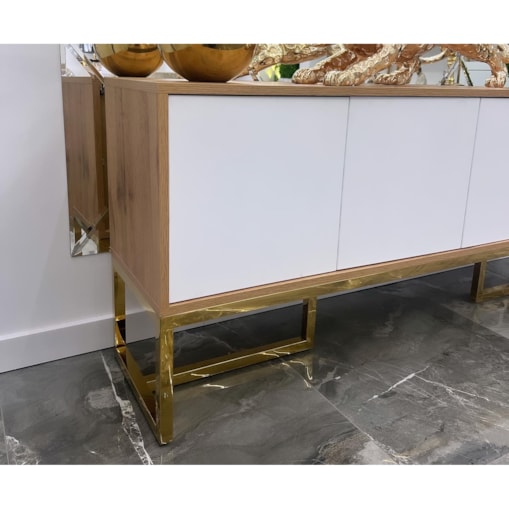 Biała-złota komoda / szafka RTV Chicago Anew Glamour Premium XXL 150x35x65 / szafka pod telewizor