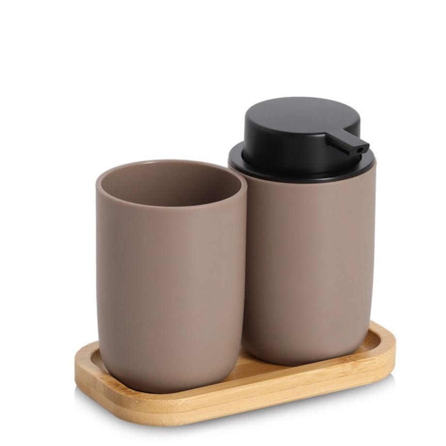 Komplet łazienkowy dozownik 280 ml i kubek z podstawką 13,5x16,5x9 cm ZEFIR brązowy