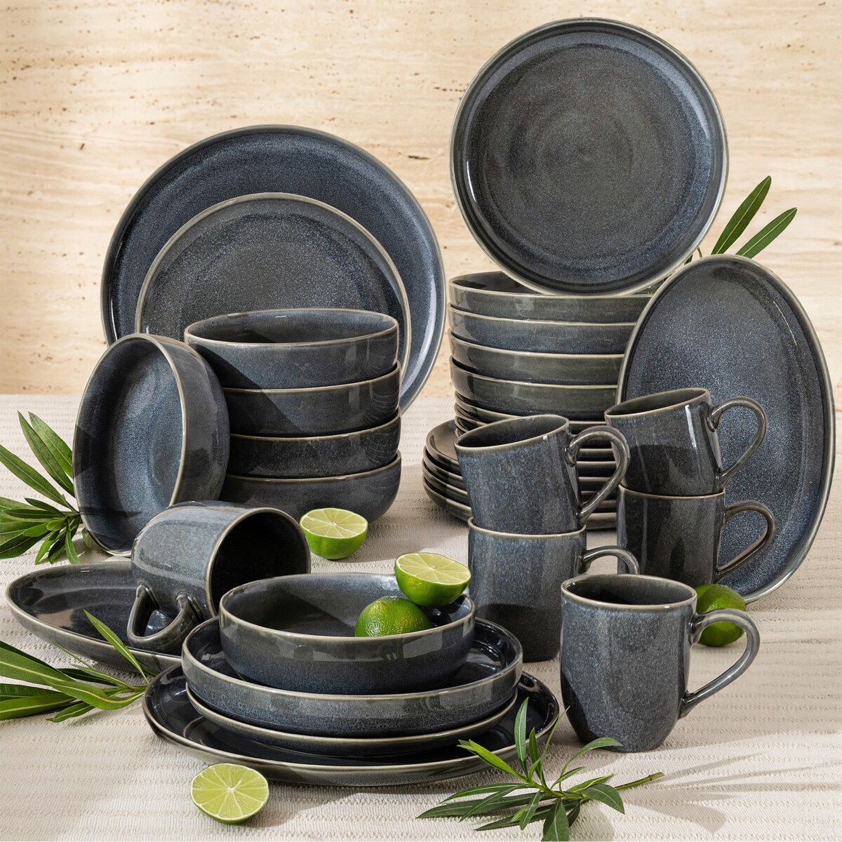 EDA Zestaw obiadowy 6 os. (32 el.), niebieski/szary/beżowy