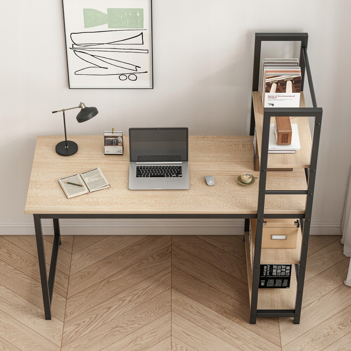 Biurko Komputerowe Z Regałem Półkami Nowoczesne Metalowe Loft Jasny Brąz