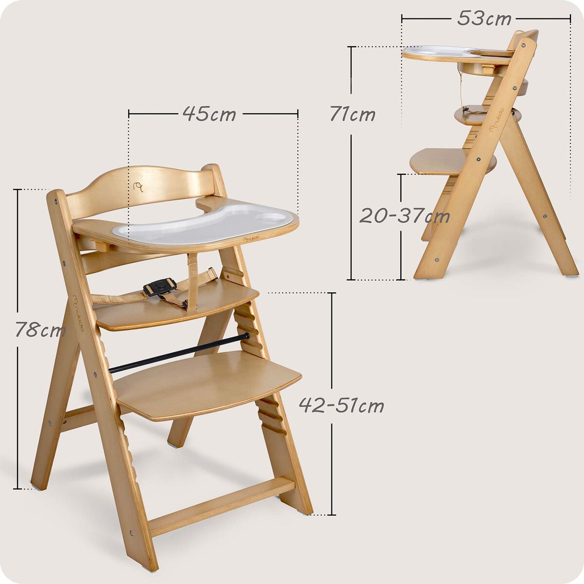 Drewniane krzesełko do karmienia Nukido tacka solidne regulowane pasy 703000