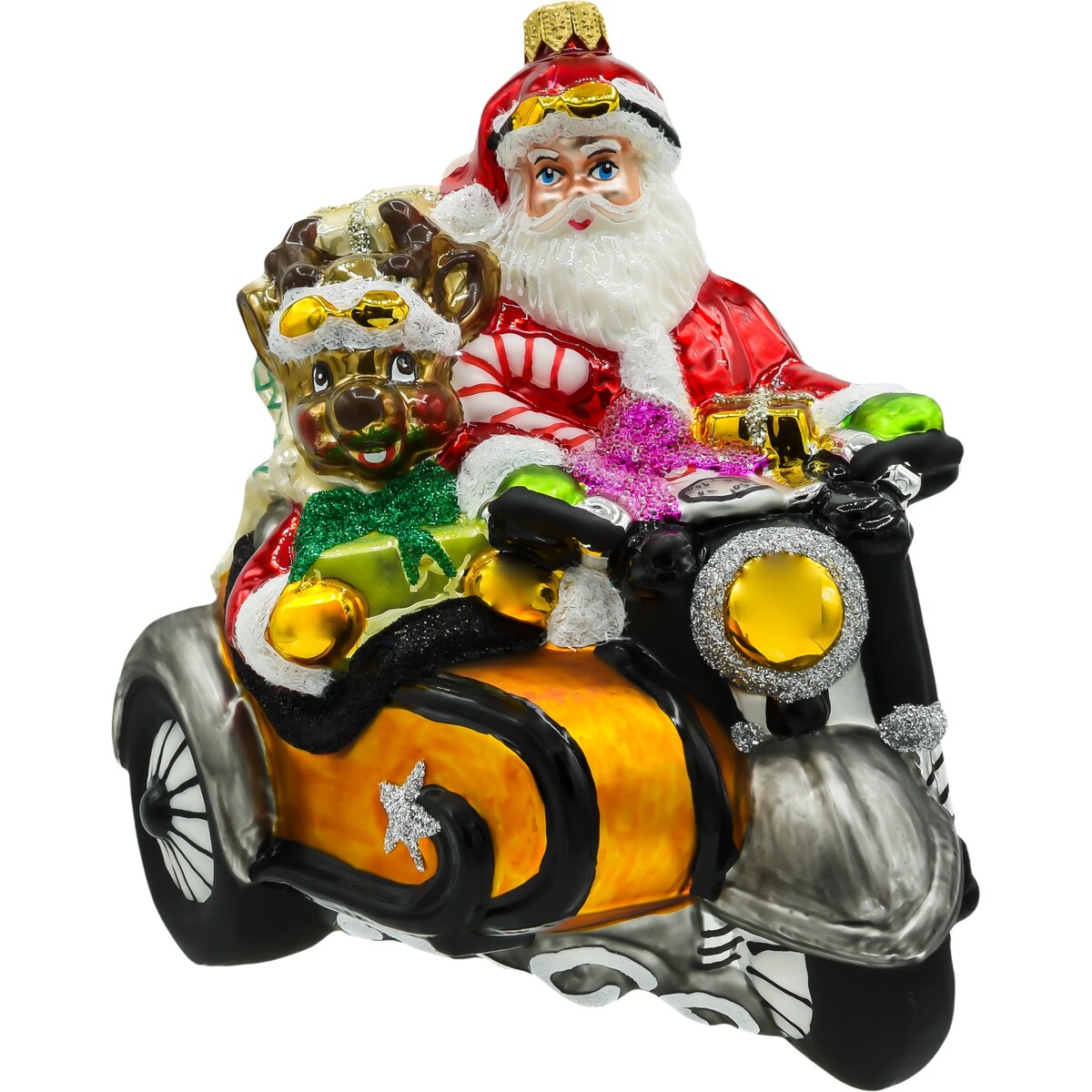 Bombka choinkowa: Wielki Święty Mikołaj na motocyklu z reniferem