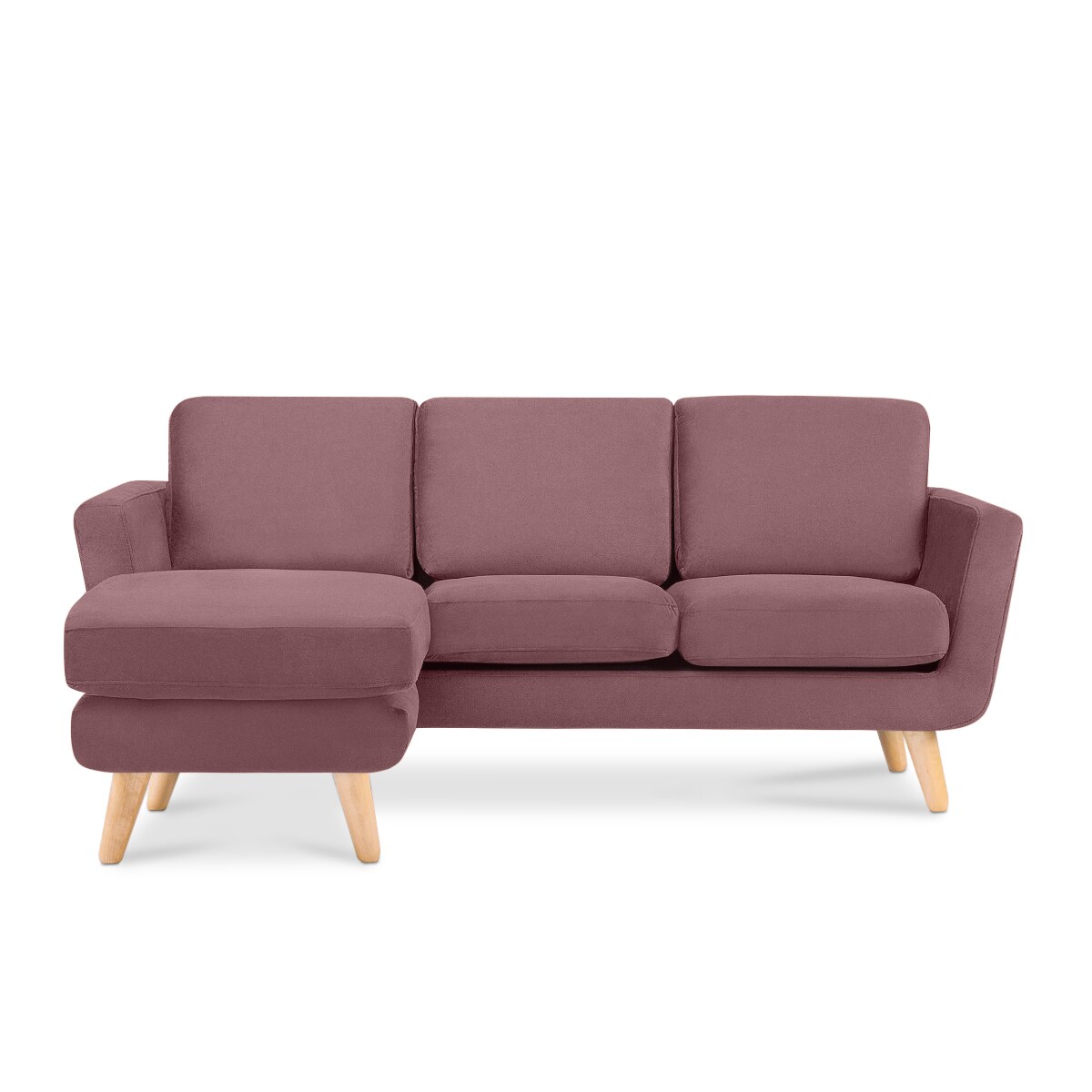 KONSIMO TAGIO Skandynawski narożnik welurowy w kolorze różowym z pufem/ otomaną, lewy