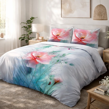 Pościel satyna bawełniana 160x200 Roselle szara i zielona w różowe kwiaty, Satynlove Premium