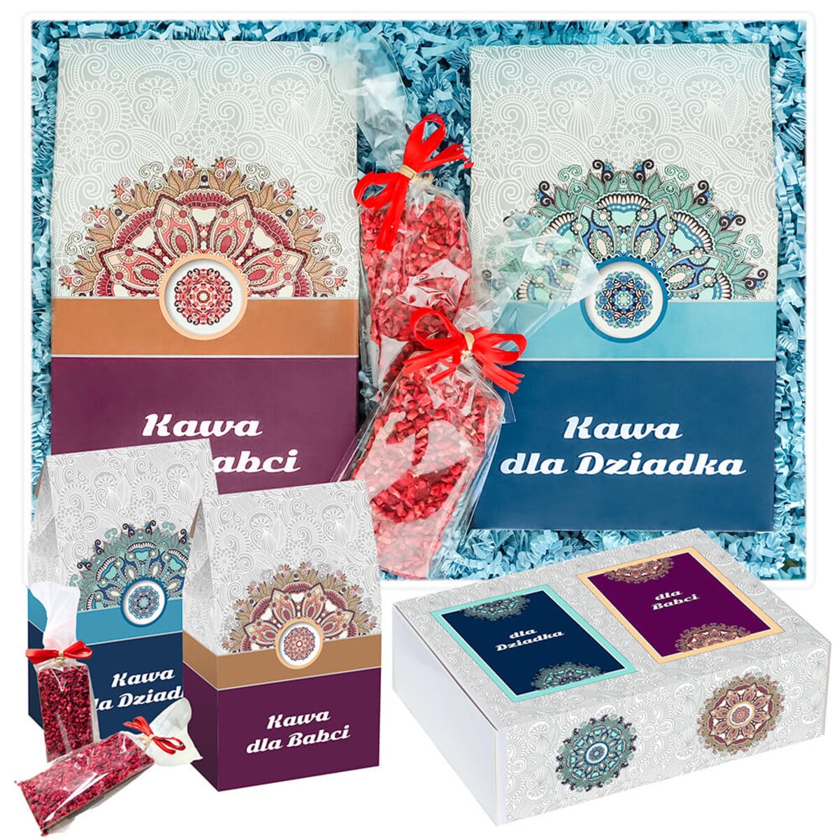 Gotowy zestaw prezentowy Box z kawą dla Babci i Dziadka kawa aromatyzowana mix różne smaki czekolada 2 szt. prezent upominek na Dzień Babci i Dziadka