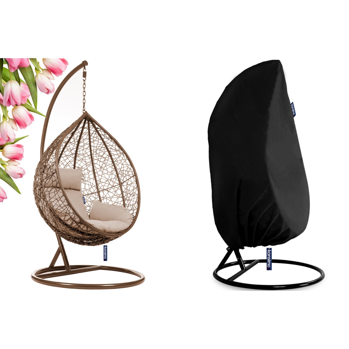 KONSIMO CULLUS Wiszący fotel kokon z technorattanu i pokrowcem, brązowy