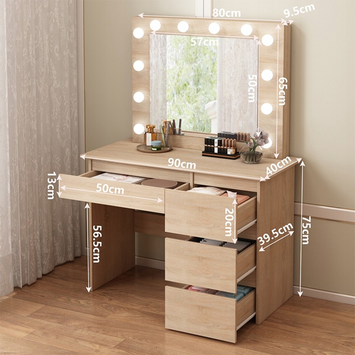 Toaletka z lustrem 4 szuflady brązowa led