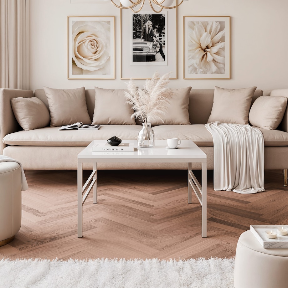 Stolik kawowy blat BIAŁY POŁYSK, KASZMIROWY stelaż 60cm FORMA