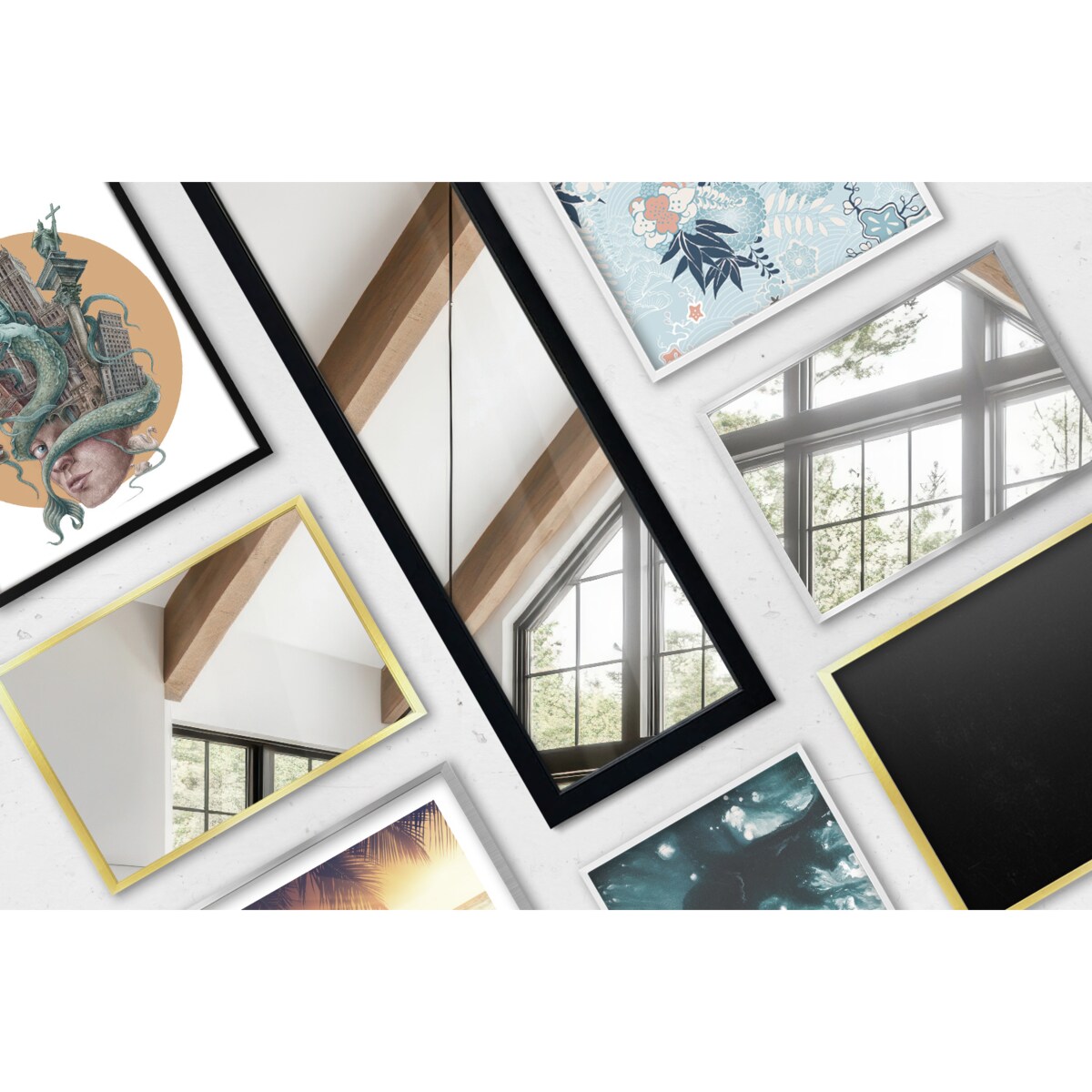 Wysokie lustro stojące w czarnej ramie, 156x36 cm