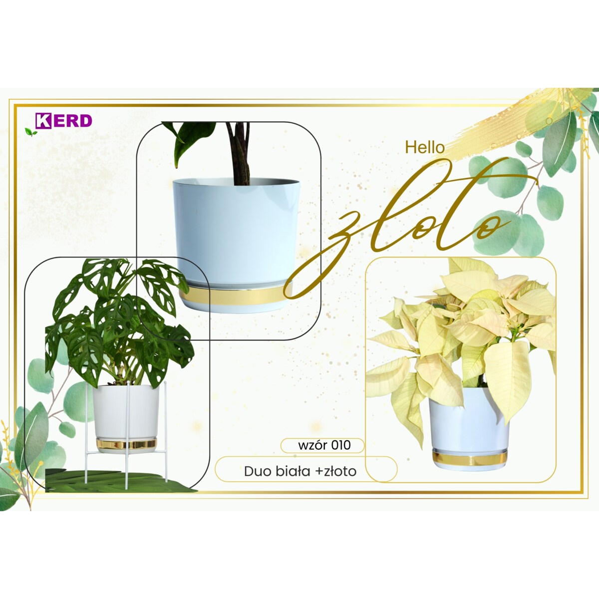 32 Doniczka DUO BIAŁA z podstawką ZŁOTO B. dwukolorowa nowoczesna z połyskiem drenażem elegancka dużą donica szeroka