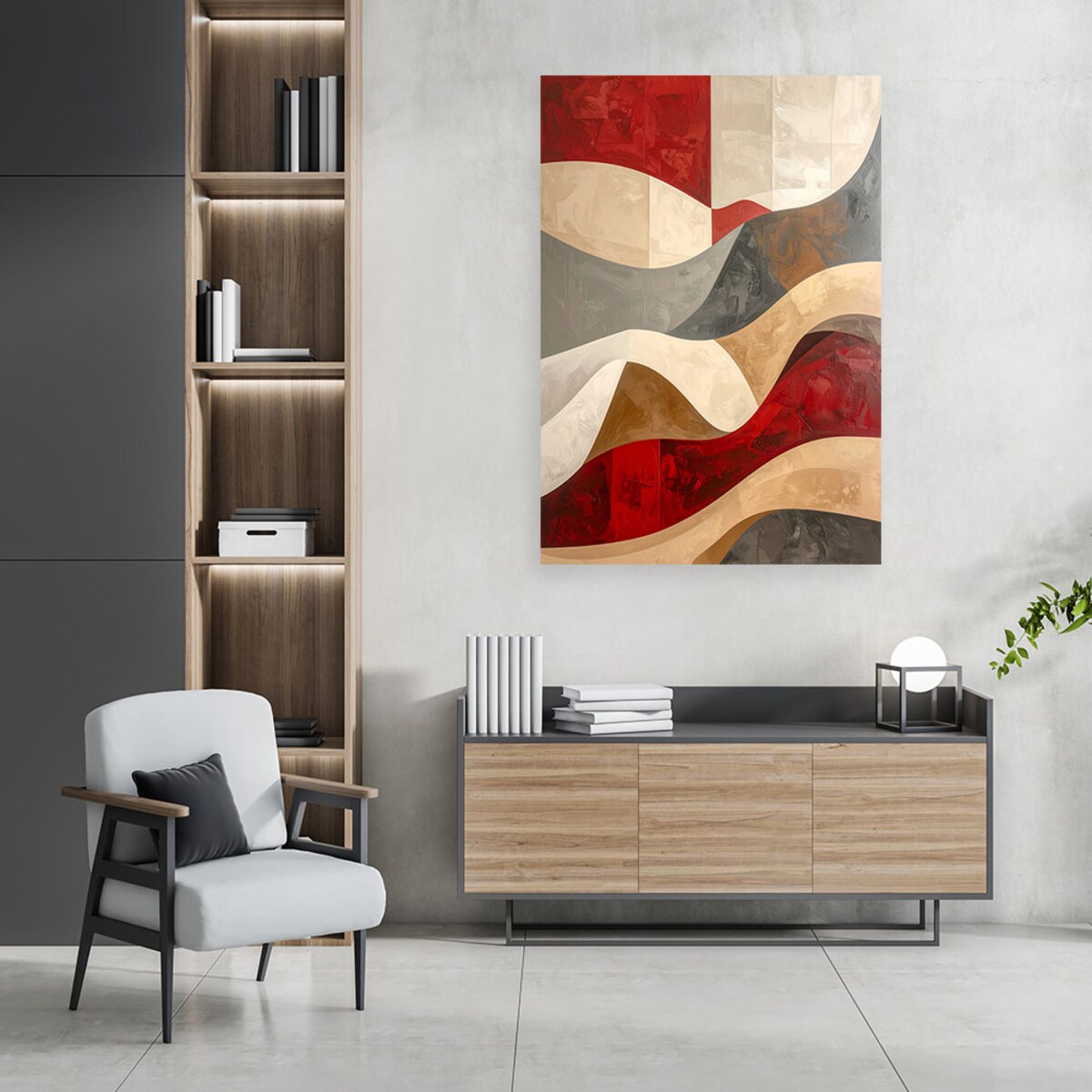 Obraz do salonu sypialni biura, Abstrakcyjne fale w ocieniach czerwieni i beżu