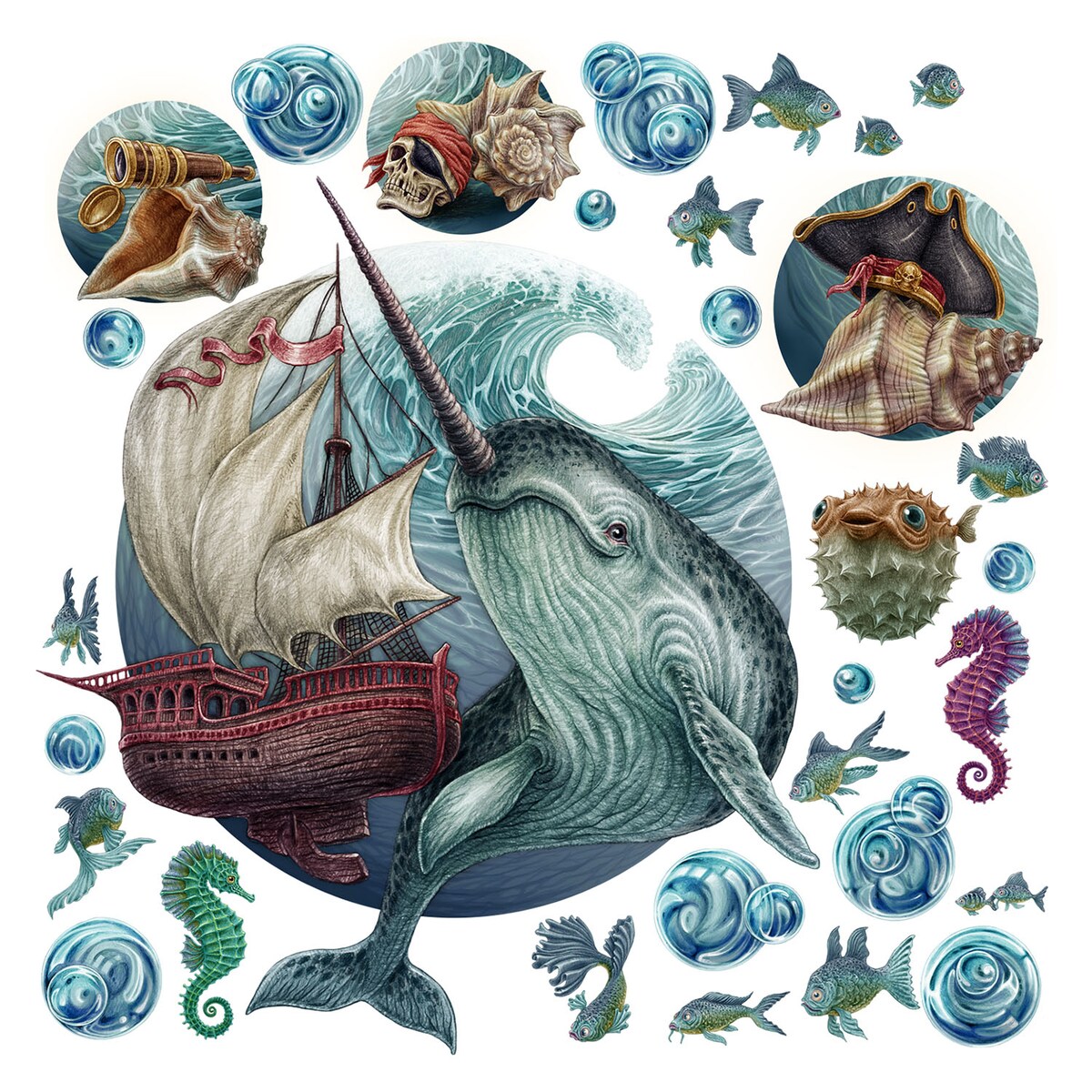 Zestaw naklejek na ścianę, Morskie zwierzęta, 130cm