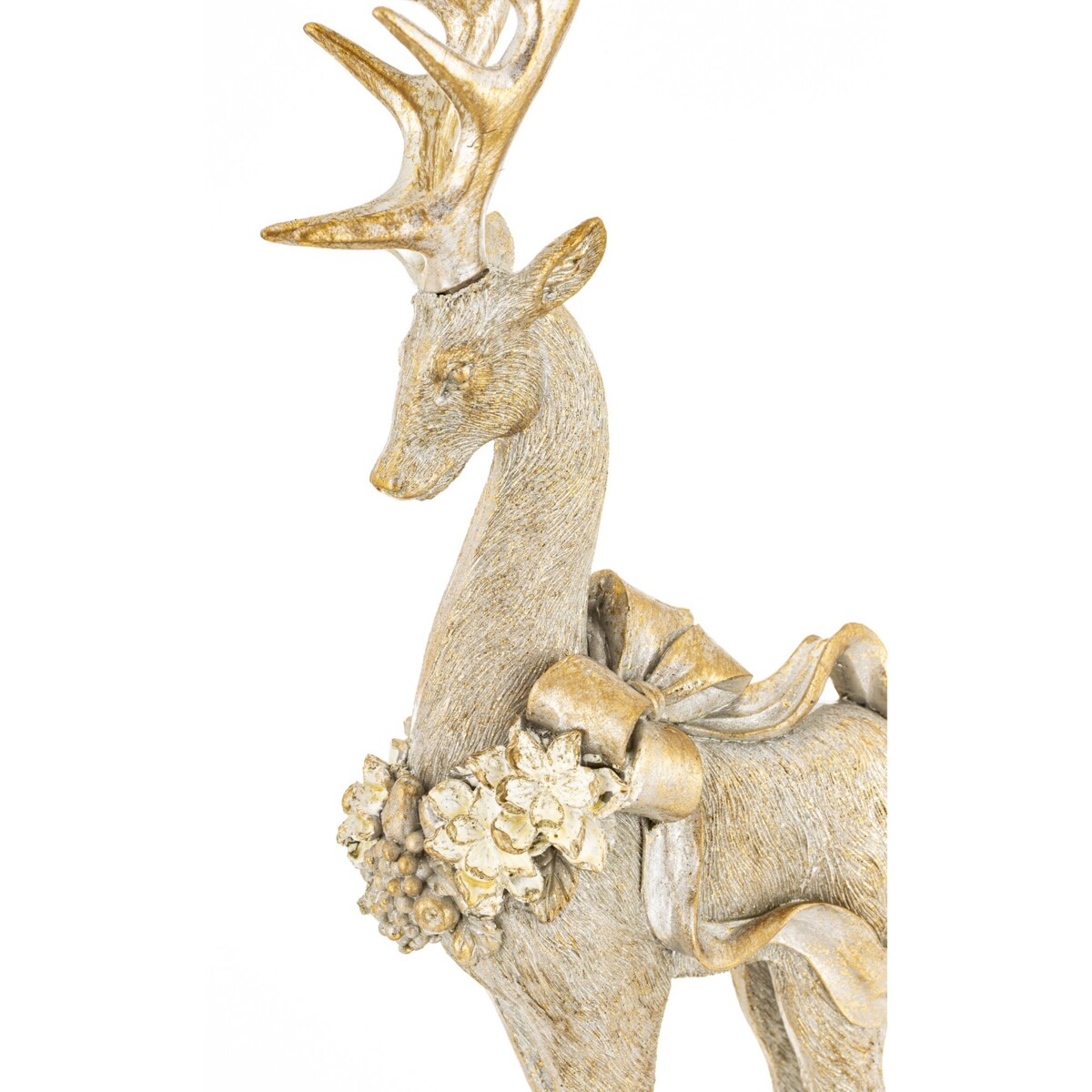 Figurka - złoty jeleń z wieńcem i kokardą 52,5x16x9 cm stojący na postumencie