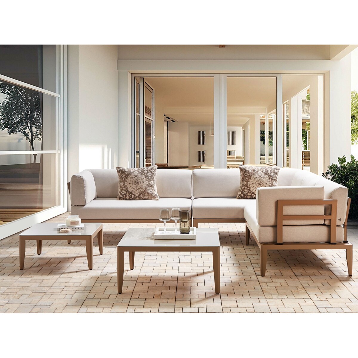 Narożnik ogrodowy ze stolikiem dla 6 osób RIMA III Lewostronny Modułowy Metal Jasnobeżowy