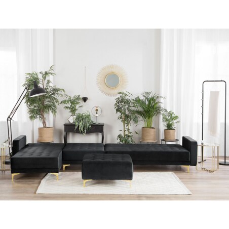 Narożnik rozkładany 5-osobowy z otomaną welurowy prawostronny czarny ABERDEEN