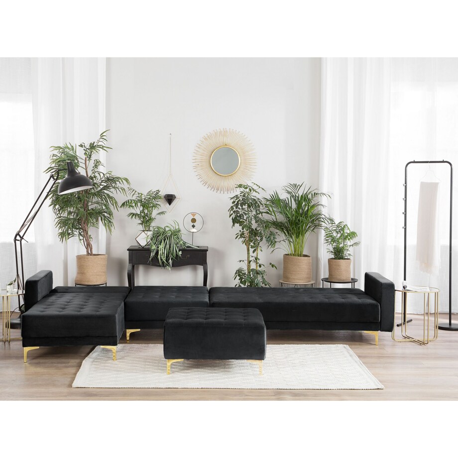 Narożnik rozkładany 5-osobowy z otomaną welurowy prawostronny czarny ABERDEEN