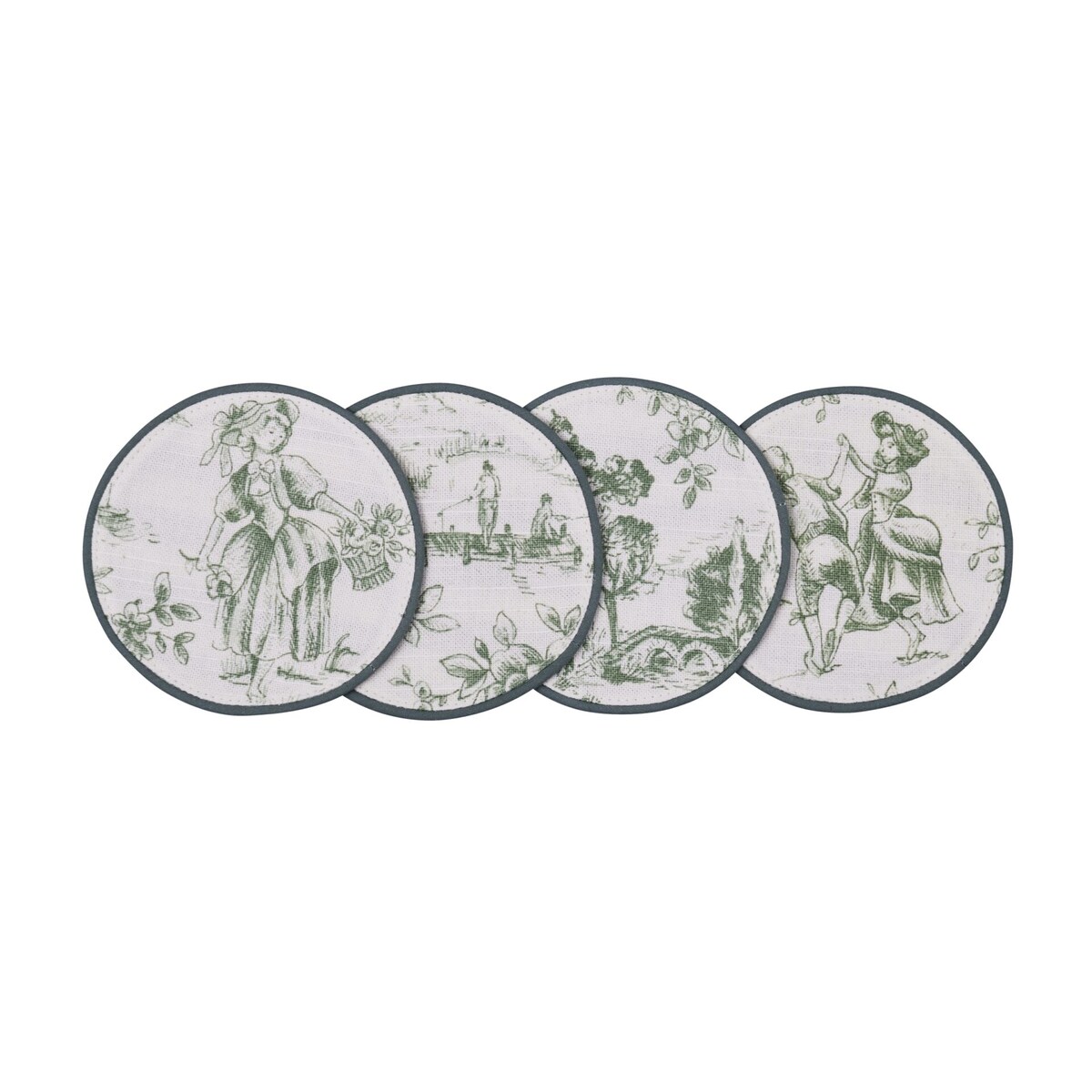 Mini dwustronne podkładki w stylu francuskim Toile de Jouy Green & Stripes – komplet 4 szt.