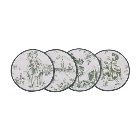 Mini dwustronne podkładki w stylu francuskim Toile de Jouy Green & Stripes – komplet 4 szt.