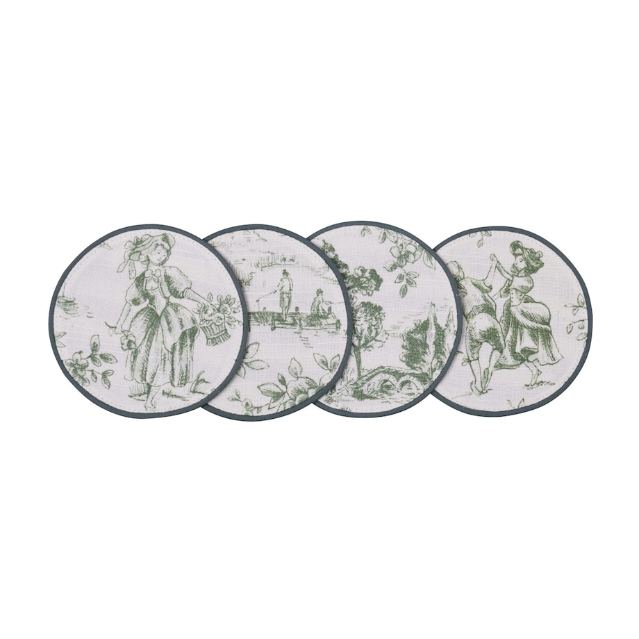 Mini dwustronne podkładki w stylu francuskim Toile de Jouy Green & Stripes – komplet 4 szt.