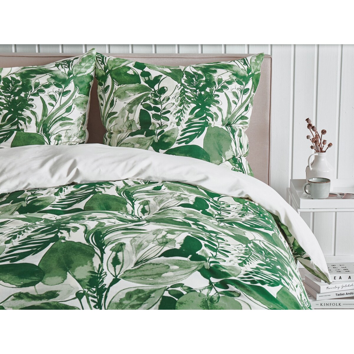 Komplet pościeli bawełnianej satynowej w liście 135 x 200 cm biało-zielony GREENWOOD