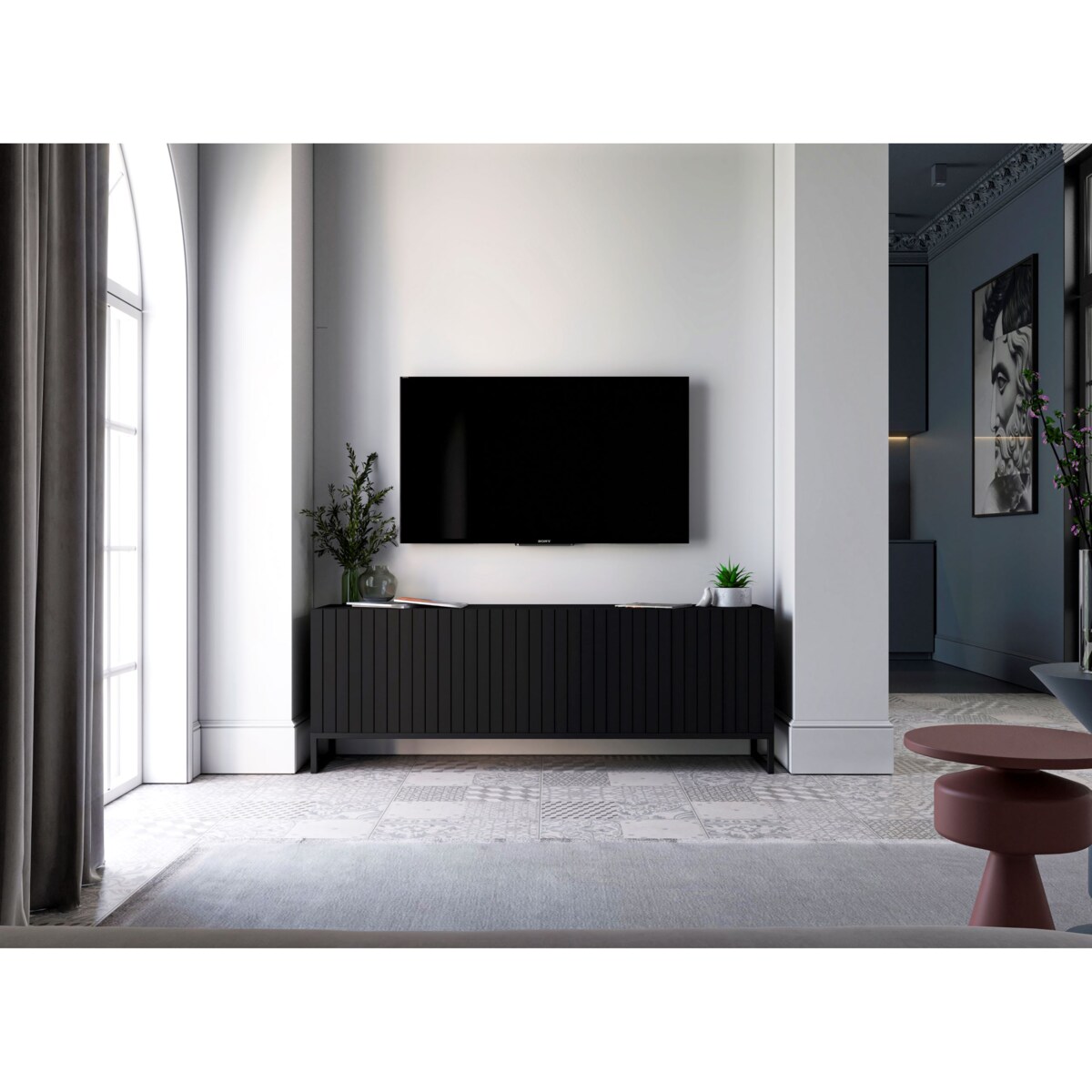 Szafka RTV Czarny Mat Nowoczesna Komoda RTV Loft Ryflowane Fronty Glamour 150 cm