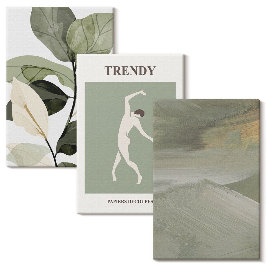 Zestaw 3 dużych obrazów na płótnie - Roślinne wzory sylwetki abstrakcji - zielony