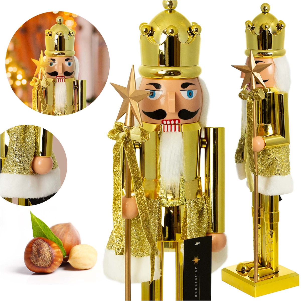 Figurka Dziadek Do Orzechów 60 Cm Boże Narodzenie Złoty Czapka Z Bombką