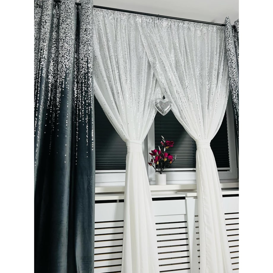 firana "srebrny deszcz " z etaminy | 140x250 przelotki