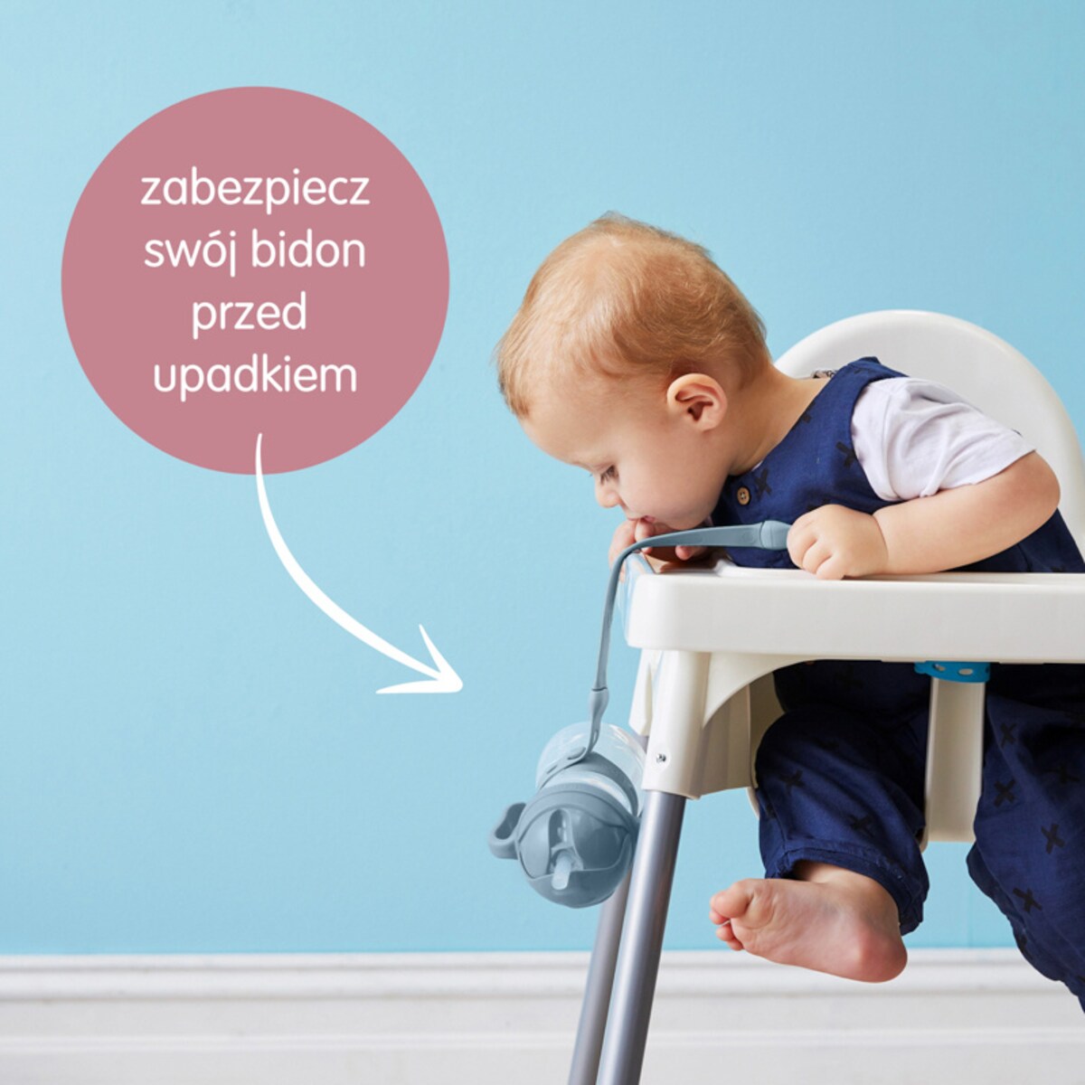 Smycz do bidonu ze słomką dla dzieci błękitna regulowana silikonowa b.box