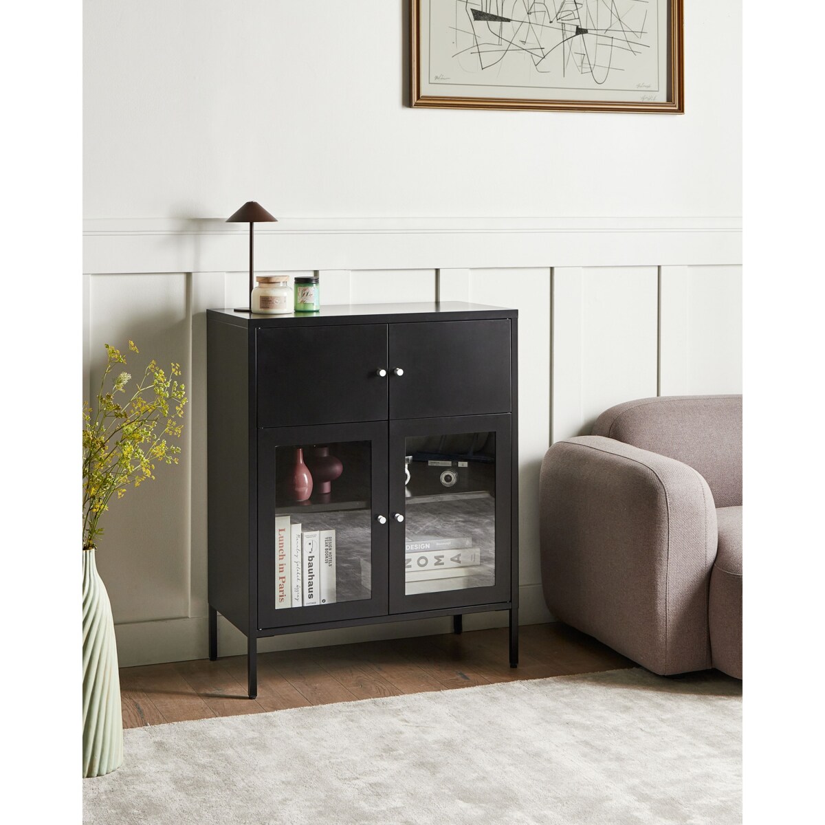 Szafka ze szklanymi drzwiami ESHOLT Metal 80 cm Czarny