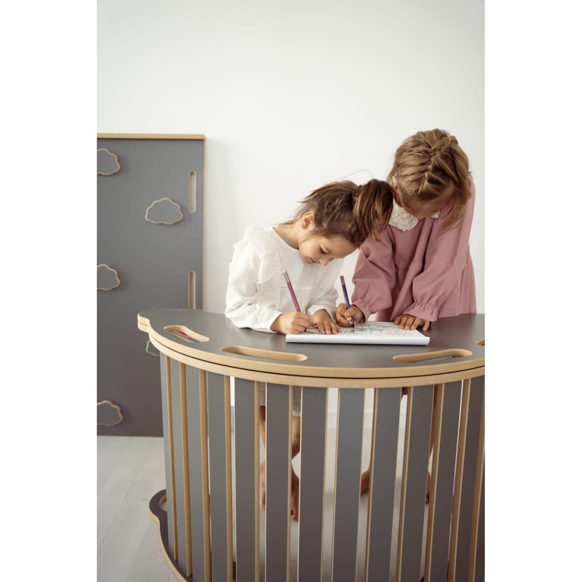 3w1 DUŻY bujak montessori z uchwytami + DUŻA zjeżdżalnia CHMURKI + blat - szary