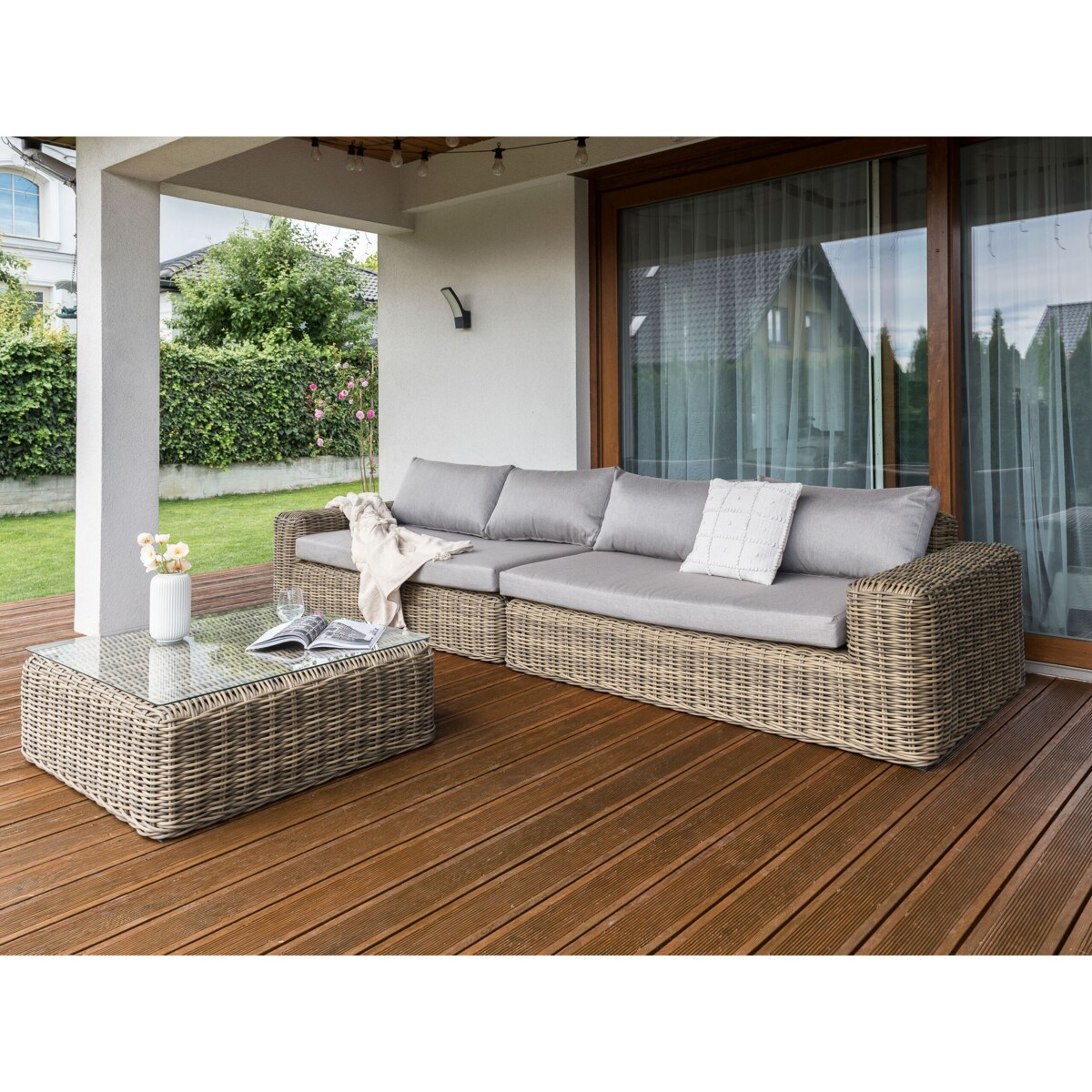 Narożnik ogrodowy z otomaną dla 6 osób PALERMO Modułowy Technorattan Jasnobrązowy