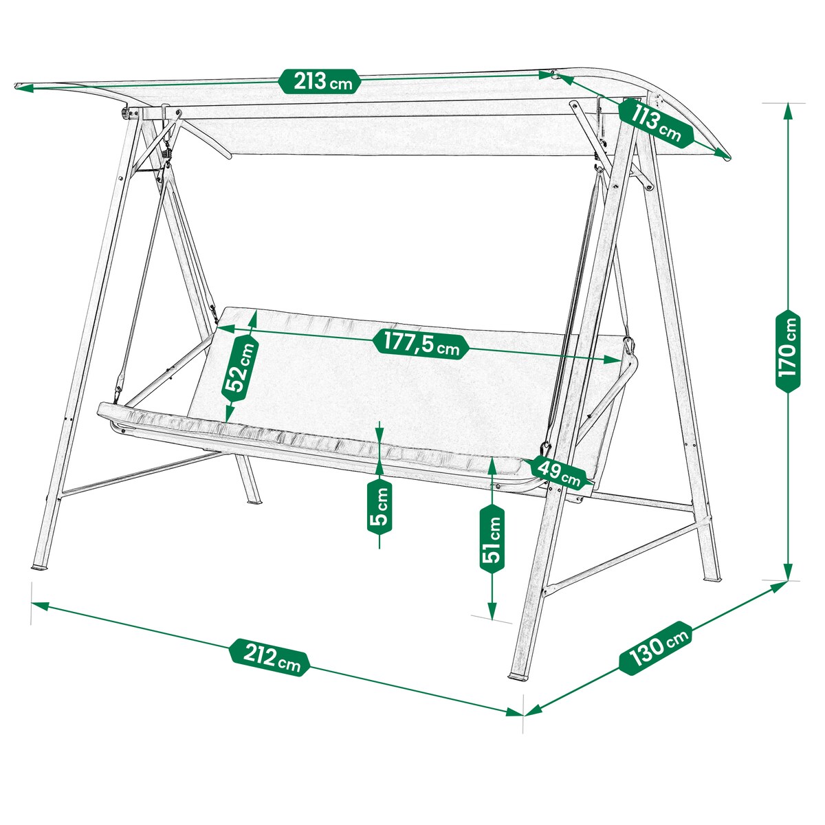 Huśtawka 3-osobowa z daszkiem i poduszkami bujana 223 cm duża do ogrodu