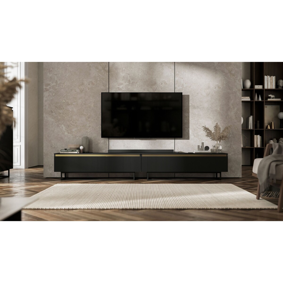 Nowoczesna Szafka RTV Glamour Komoda RTV Czarny Mat 280 cm czarny stelaż