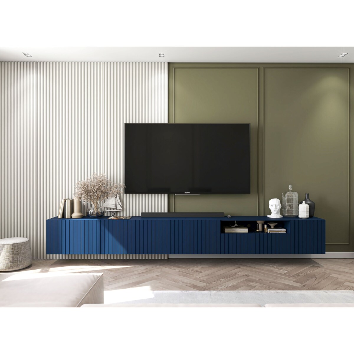 Nowoczesna Wisząca Szafka RTV Glamour Komoda RTV Granatowy Mat 300 cm