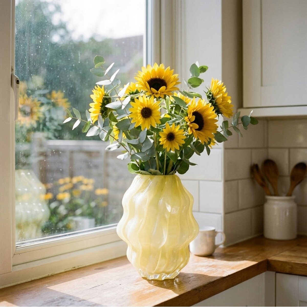 WAZON SZKLANY 20cm OKRĄGŁY ŻÓŁTY NA KWIATY BUKIET DO SALONU DOMU BOHO RETRO