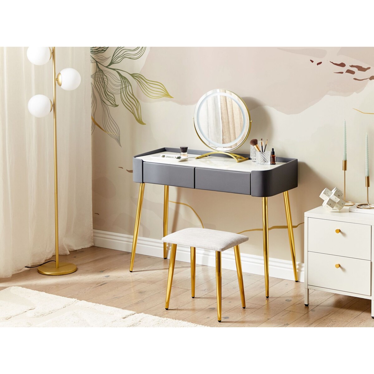 Toaletka 2 szuflady lustro LED ze stołkiem szaro-złota SURIN