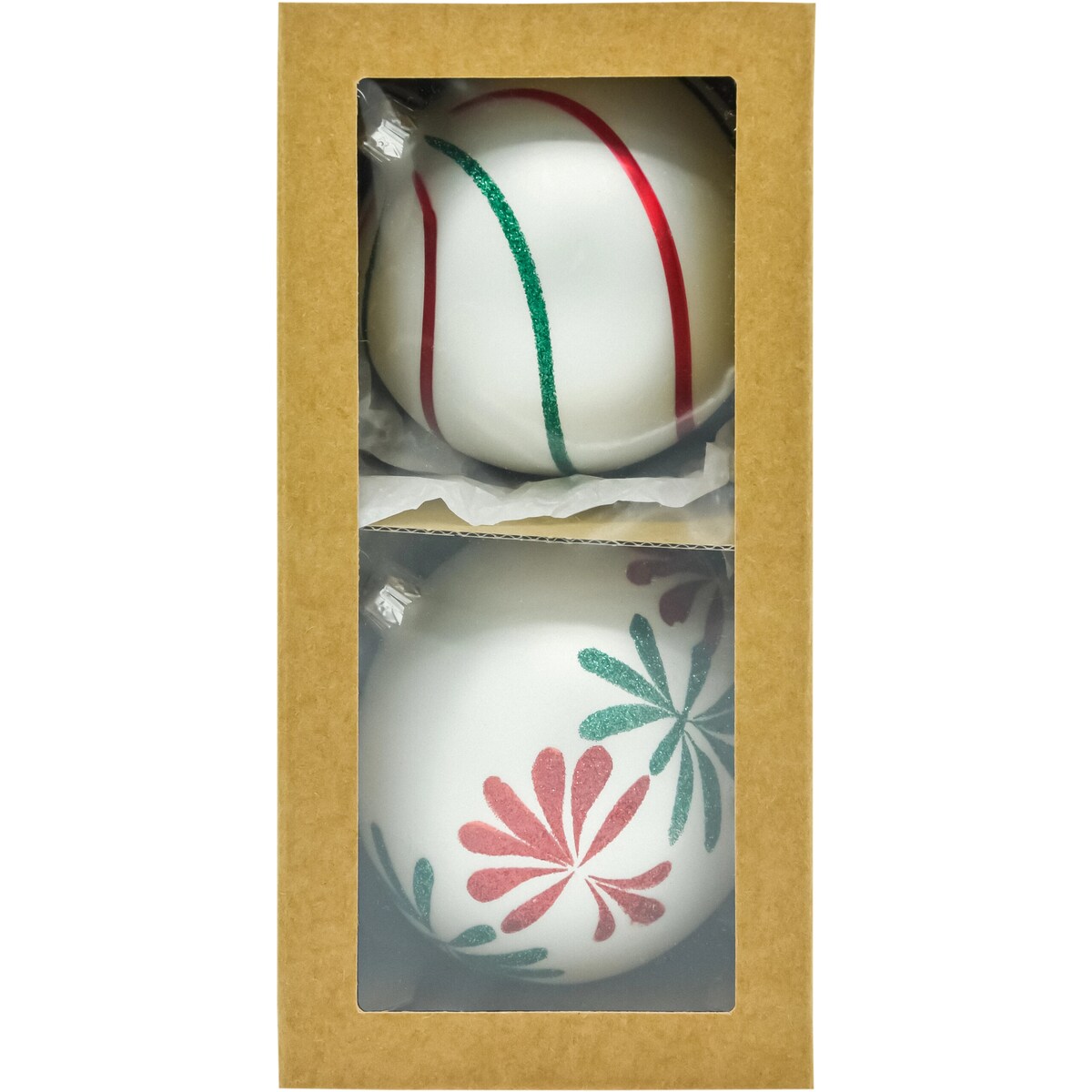 Bombki okrągłe: biała satyna z czerwono-zielonym brokatem