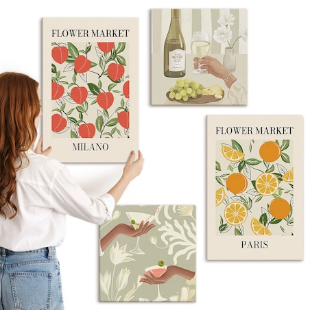 Zestaw 4 obrazów na płótnie - Kwiaty wino Mediolan Paryż - beżowy