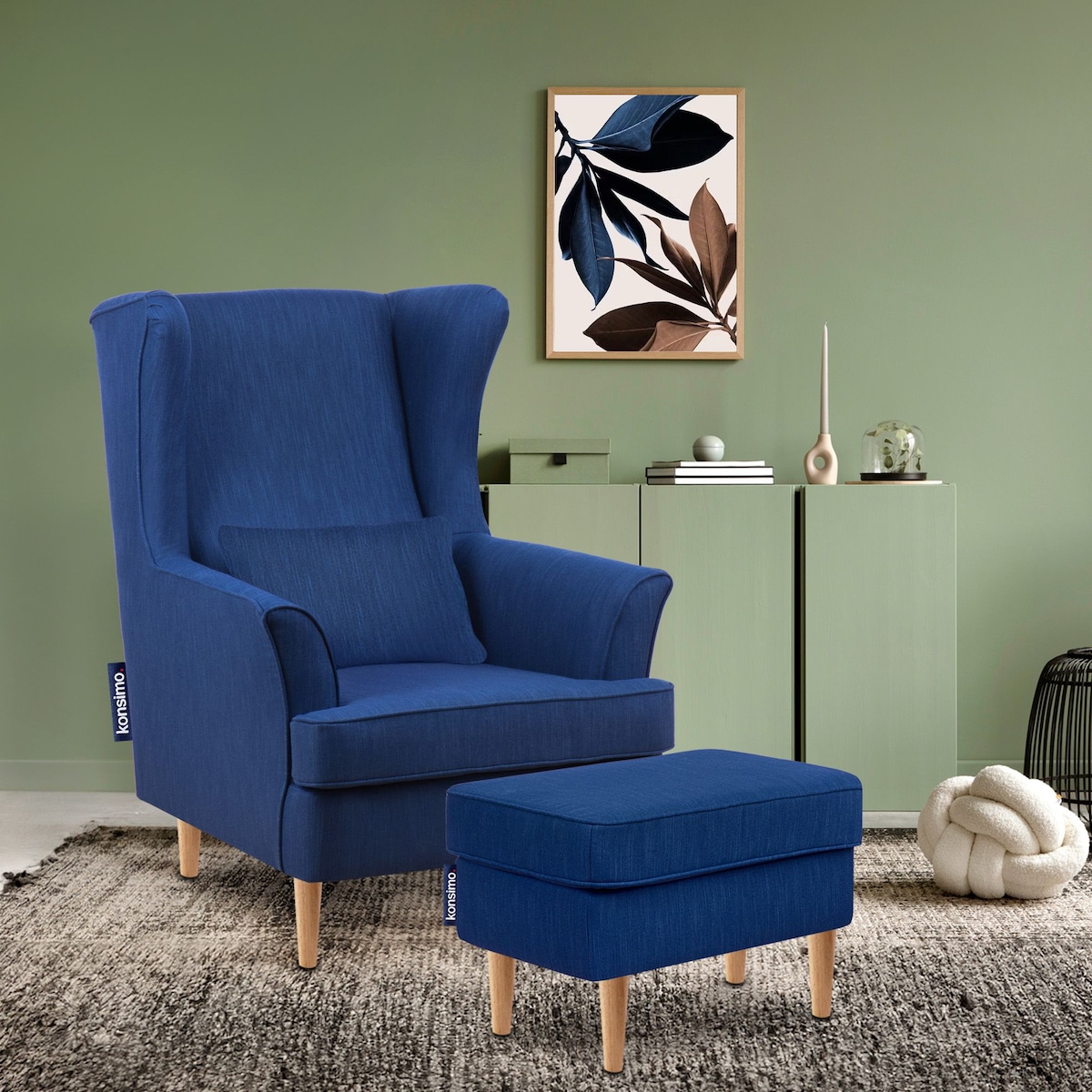KONSIMO STRALIS Fotel + puf, kolor ciemny niebieski