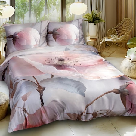 Pościel satyna bawełniana 180x200 Satynlove Premium różowa, szara z kwiatami