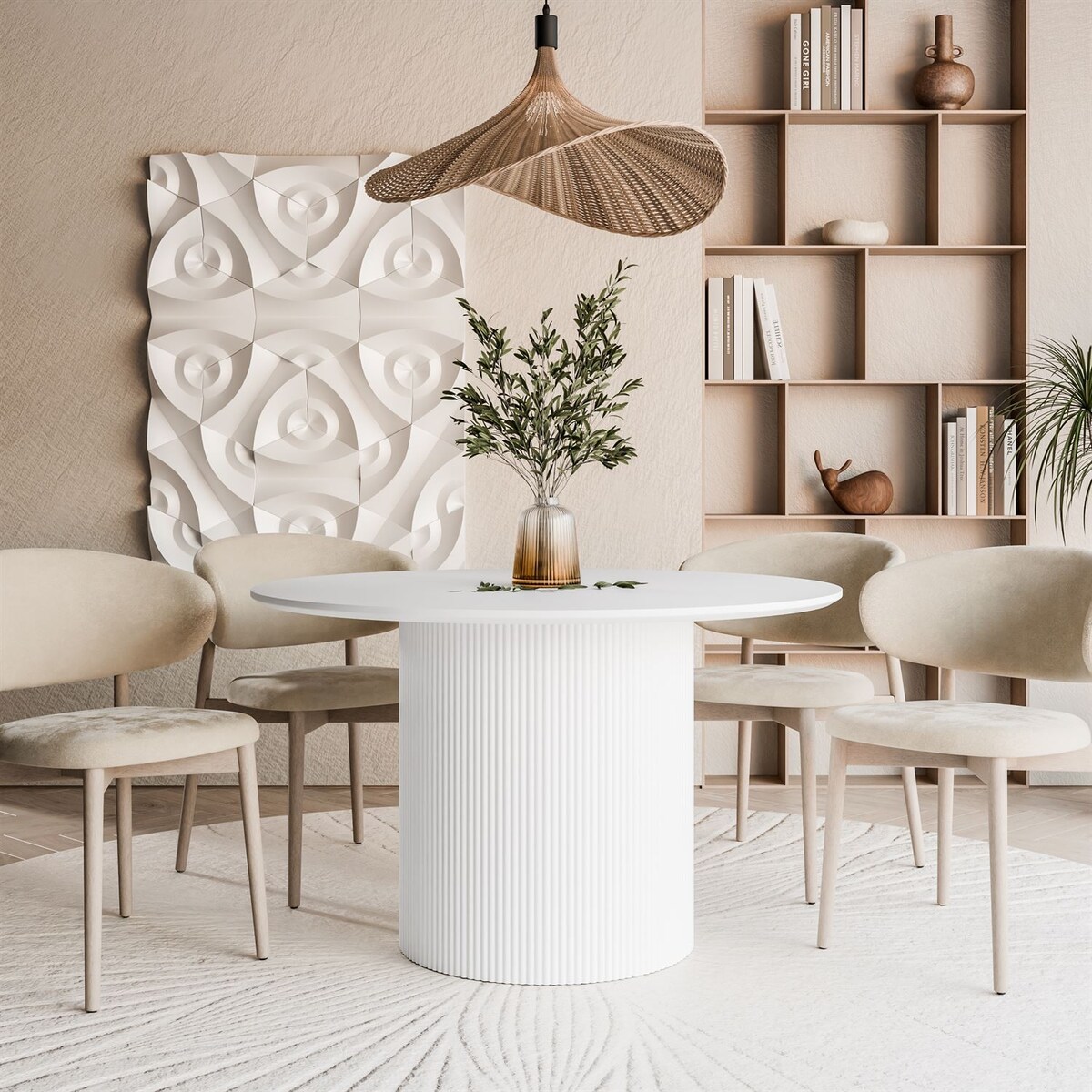 Okrągły stół do jadalni OVI z ryflowaną podstawą, biały
