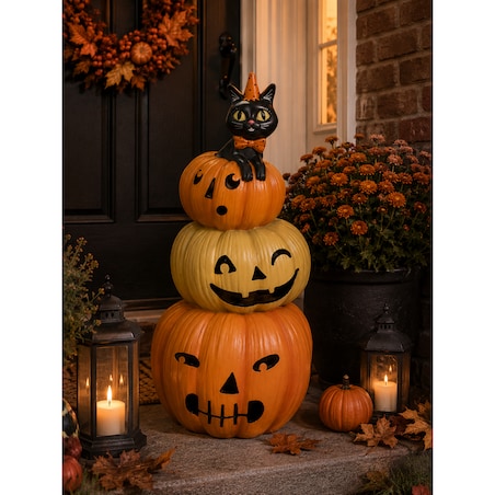 Dekoracja Halloween - bałwanek LED z 3 dyń 91,5x44x43,5 cm TURRIS-4 z kotem na wierzchołku