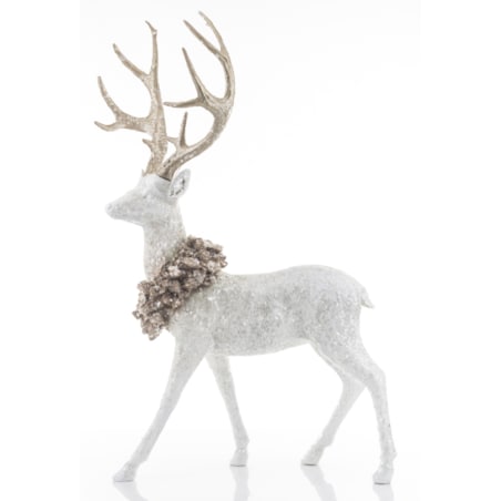 Figurka - biały jeleń 71x44x27 cm z wieńcem na szyi