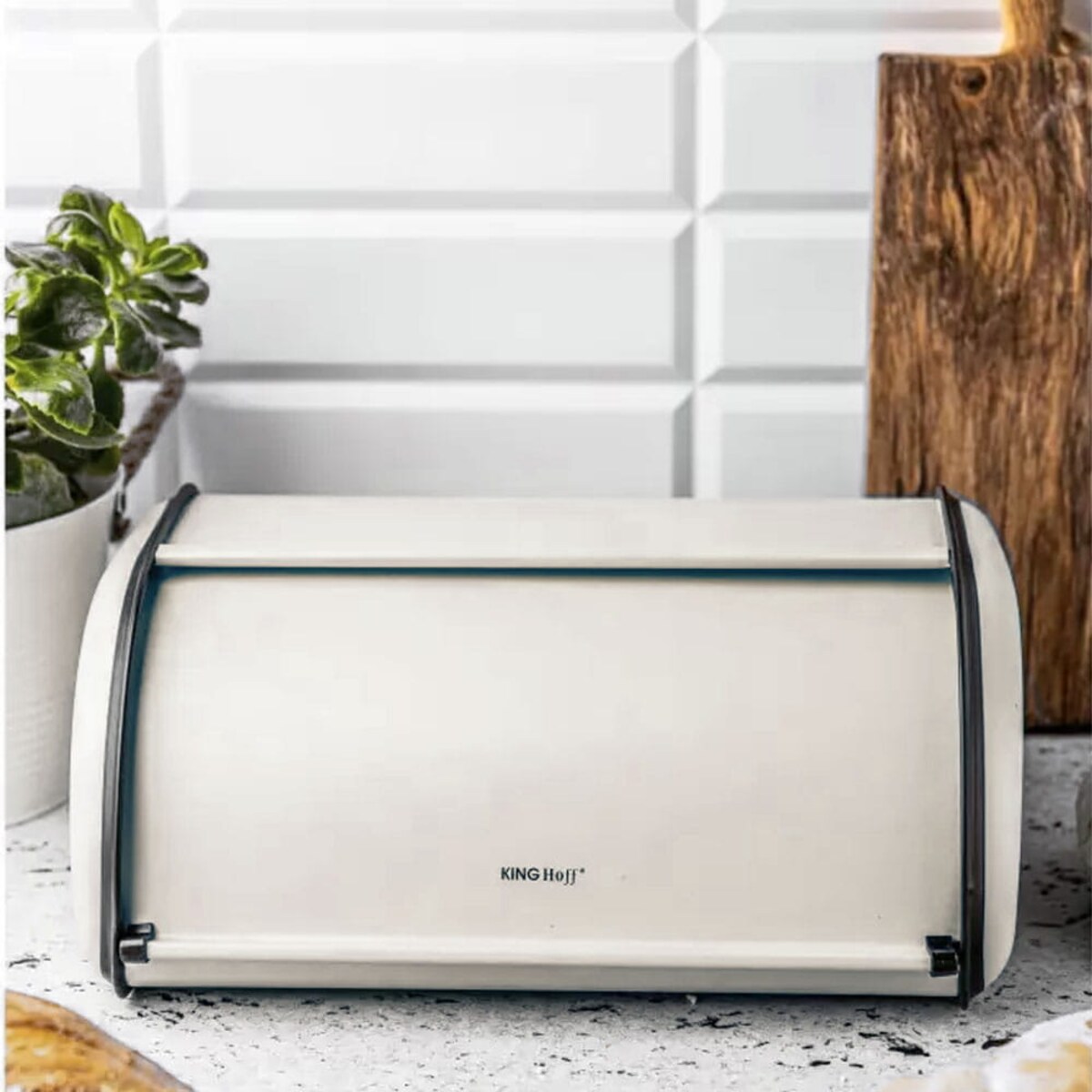 Chlebak stalowy mały 36cm beżowy matowy pojemnik na chleb pieczywo bułki KINGHOFF