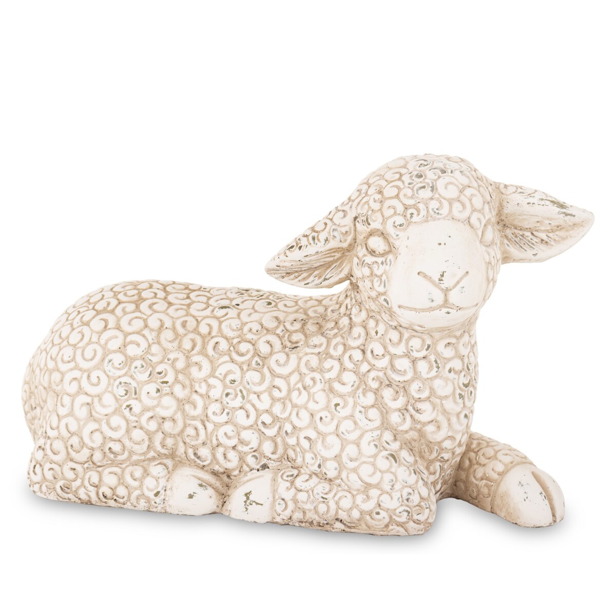 Dekoracja - figurka cementowa OWIECZKA 20x33x13 cm leżąca, z wyciągniętą lewą nóżką